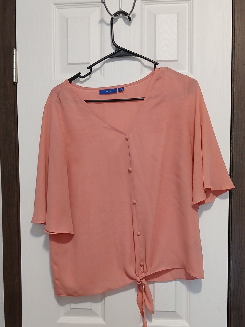 Apt. 9 Coral Button-Front Tie Hem Flutter Sleeve Blouse